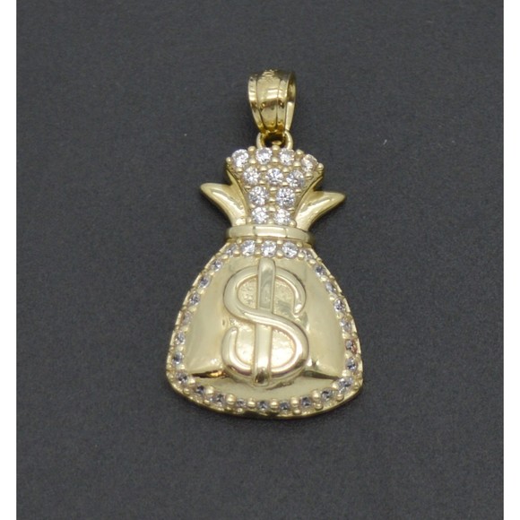 Real 10K Solid Yellow Gold Dollar Money Bag Textured CZ...